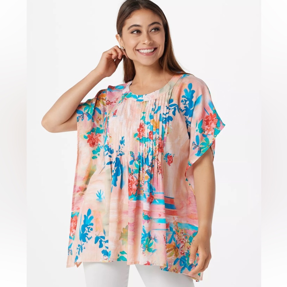 Tolani Pink Floral Flowy Scoop Neck Caftan Blouse Top Size Large